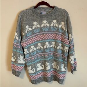 Needles Gray Sweater with Floral and Cat Design
